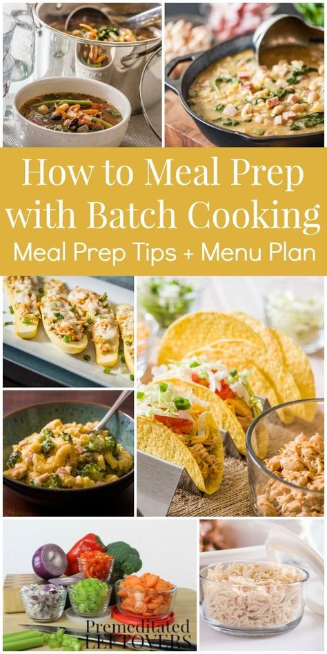 Once a Week Meal Prep with Batch Cooking - How to prep recipes for a week's worth of dinners by batch cooking key ingredients and prepping vegetables ahead of time. Includes break down of meal prep session and menu plan. The meal plan includes recipes for using shredded chicken cooked in a crockpot, 2 vegetarian recipes using beans, and 2 easy recipes using diced ham. Recipes Using Beans, Week Meal Prep, Batch Cooking Recipes, Batch Meals, Bulk Cooking, Monthly Menu, Meal Planning Menus, Weekly Meal Prep, Meal Options