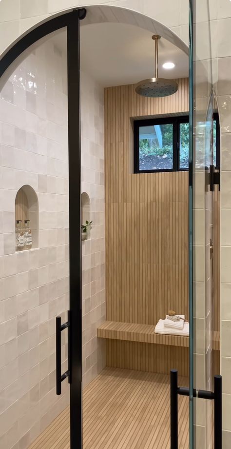 Artistic Bathroom Design, Large Master Bathrooms Luxury, Home Bathroom, Modern Steam Shower, Double Head Shower Ideas, Master Shower Ideas Walk In, Zero Entry Shower Master Bath, Reed Glass Shower Door, Sauna Shower Combo Master Bath