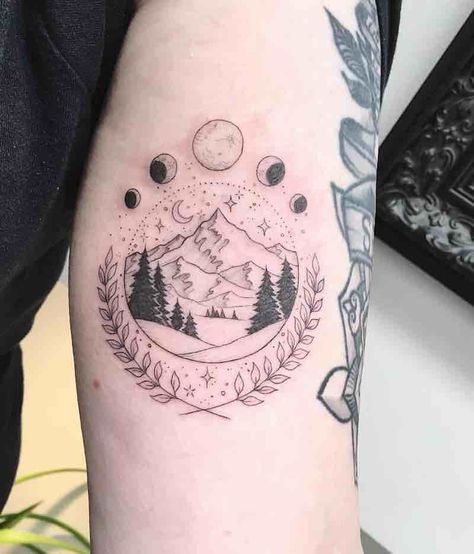 23 Remarkable Mountain Tattoos - Tattoo Insider Mountain Tattoos, Painting Mountains, Tattoo Themes, Landscape Tattoo, History Of Art, Full Sleeve Tattoos, Mountain Tattoo, White Tattoo, Bob Ross