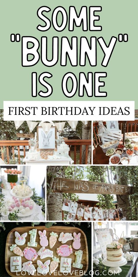 Collage of some bunny is one first birthday ideas. Bunny Birthday Party Decorations, Bunny Birthday Theme, First Birthday Ideas, First Birthday Party Ideas, Wild One Party, 1st Birthday Party Favors, Some Bunny Is One, Peter Rabbit Birthday, Bunny Birthday Party