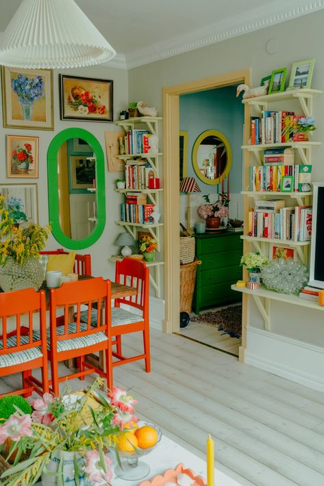 Sebastian Bergström's Tiny Swedish Apartment Bursts With Color | Cup of Jo Colorful Danish Interior, Swedish Apartment Aesthetic, Colorful Vintage Interior, Colorful Reading Nook, Maximalist Organization, Colorful Apartment Bedroom, Colorful House Interior, Colorful Houses Interior, Entry Room Ideas