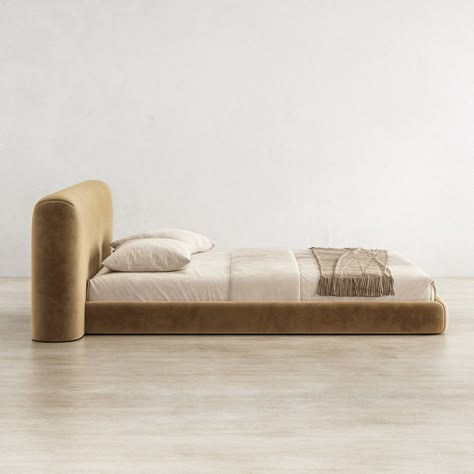 The Alessio bed features a plush, oversized headboard with a gently curved top that extends beyond the width of the bed frame, offering a modern yet cozy aesthetic. The entire piece is upholstered in a rich, camel-colored velvet fabric that provid... Low Profile Beds, Colorful Modern Apartment, Headboards For Beds Upholstered, Bed Screen, Oversized Headboard, Low Beds, Minimal Bedroom Ideas, Contemporary Beds, Low Profile Bed Frame