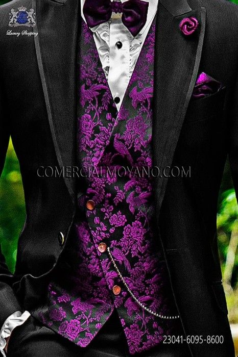 Black-purple groom asymmetric waistcoat in silk jacquard fabric Male Attire, Asymmetrical Vest, Black Suit Wedding, Purple Suits, Dark Wedding, Dress Suits For Men, Designer Suits For Men, Classy Men, Prom Suits