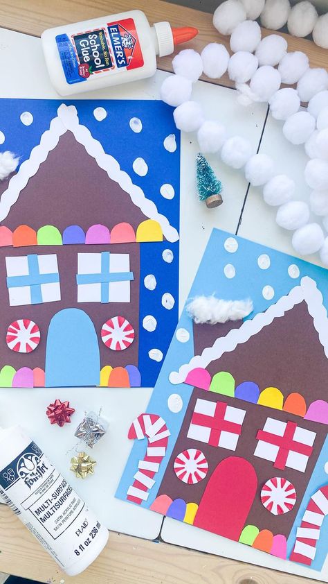 Construction Paper Gingerbread House, Gingerbread House Craft Kindergarten, Gingerbread House Shapes, Paper Gingerbread House Craft, Classroom Christmas Crafts For Kids, Holiday Projects For Kids, Gingerbread House Paper Craft, Book And Craft Activities, Gingerbread House Art Projects For Kids