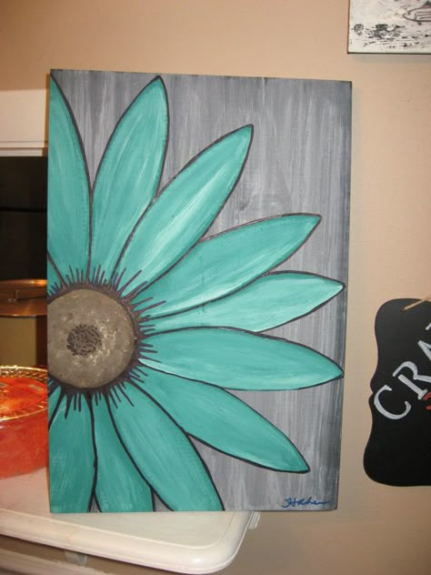 turquoise flower daisy painting rustic flower wood flower wall Pallet Boards, Daisy Painting, Stones Diy, Easy Canvas Painting, Cactus Art, Canvas Painting Diy, Craft Booth, Pallet Art, Oil Pastels