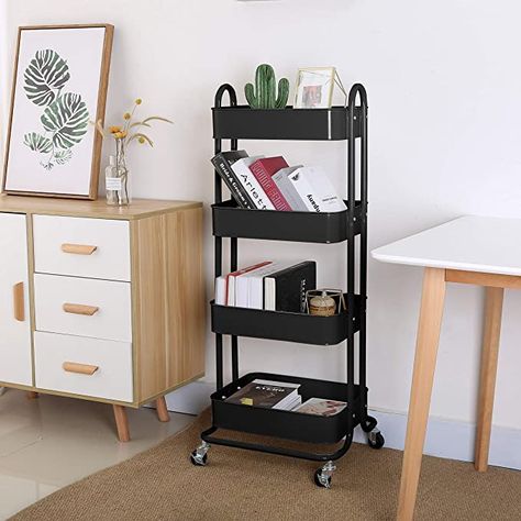 Wheel Storage Rack, Shelf With Wheels, Black Book Cart, Rolling Shelf, Dream Homestead, Rolling Shelves, Girls Apartment, Room Products, Metal Cart