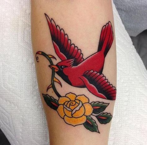 Cardinal Tattoo Traditional Style, Cardinal Chest Tattoo, Traditional Tattoos Cardinal, Cardinal Tattoo Traditional, Traditional Cardinal Tattoo, Cardnial Tattoo, Red Cardinal Tattoo, Red Cardinal Tattoos, Yellow Bird Tattoo