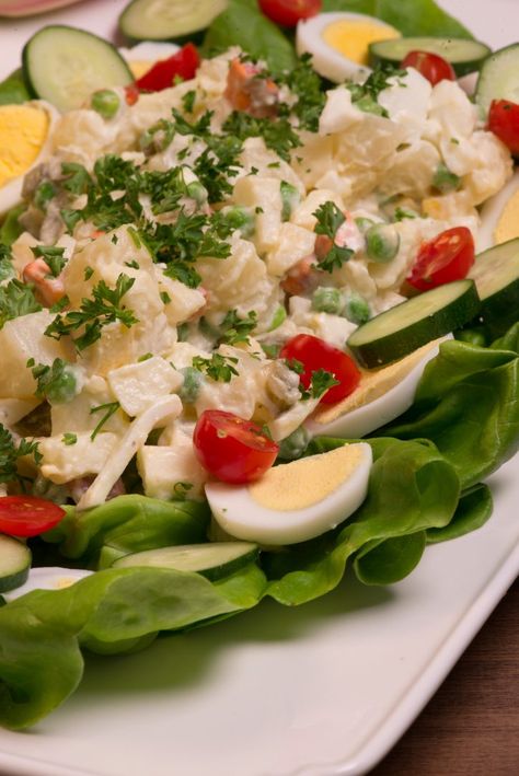 This Dutch Hussars salad called Hauzarensalade is sort of a potato salad but so much more. The name stems from a Calvary called the Hussars who could not make a fire in fear of being detected.  They would simply mix things together to make a cold salad.   I love these recipes where you can ... Dutch Salad, Netherlands Recipes, Netherlands Food, Dutch Cuisine, Leftover Apples, Dutch Food, Dutch Language, Cold Salad, Holland Netherlands