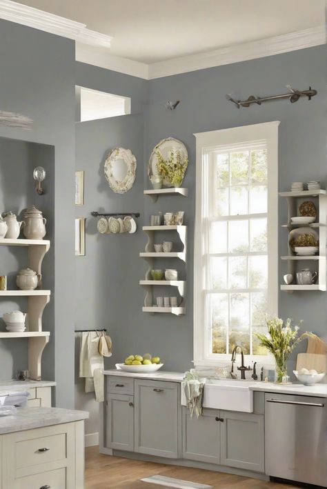 home decorating, home interior, interior bedroom design, designer wall paint Grey Kitchen Cabinets Wall Color, Kitchen Paint Color Ideas For Walls, Gray Kitchen Walls, Kitchen Wall Paint Ideas, Kitchen Colors For Walls, Kitchen Wall Color, Beige Kitchen Cabinets, Grey Cupboards, Grey Kitchen Walls