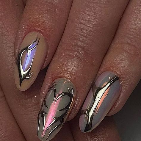 Metal Nails Design, Metallic Heart Nails, Cybersigilism Nail Art, Nails Cybersigilism, Neotribal Nails, Heart Chrome Nails, Molten Metal Nails, Heavy Metal Nails, Glitter Design Nails