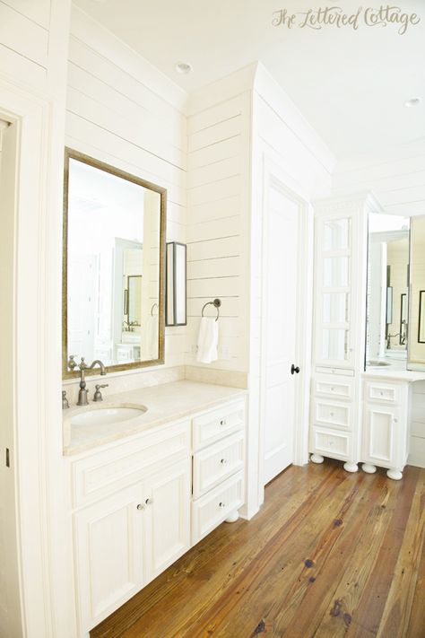 Traditional Bathroom | White Cabinetry | Wood Wall | The Lettered Cottage Master Suite Remodel, White Wood Kitchens, Wood Floor Bathroom, Wood Wall Bathroom, White Wood Floors, White Wood Wall, Plank Walls, Small Remodel, Dark Wood Floors