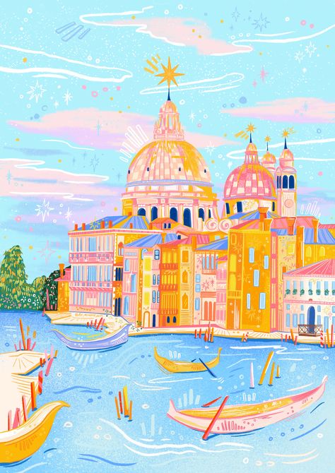 This design is create by byminnieang. Connect them on Rtist #travel #illustration Travelling Illustration Art, Travel Aesthetic Illustration, Colorful Landscape Illustration, Travel Around The World Illustration, Pastel Planets, Illustrated Cityscape, Europe Illustration, Greek Poster, Europe Landmarks Illustration