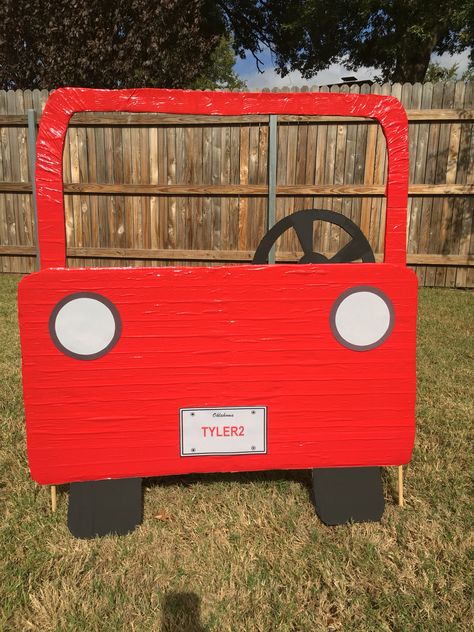 Car theme birthday party. Photo prop. Car Theme Birthday Party, Car Theme Birthday, Photo Theme, Construction Theme Birthday Party, Transportation Party, Cardboard Car, Fireman Birthday, London Theme, Car Birthday Theme