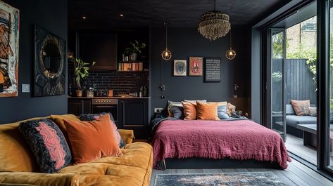 Studio Apartments & Dark Decor: How to Make a Small Space Dark & Moody (without feeling cramped!) — Moda Misfit | Small Apartment Styling + Cozy Living Small Space Dark Walls, Studio Apartment Paint Ideas, Moody Studio Apartment, Studio Apartment Decor, Apartment Styling, Dark Paint Colors, A Studio Apartment, Dark Decor, Studio Apartments