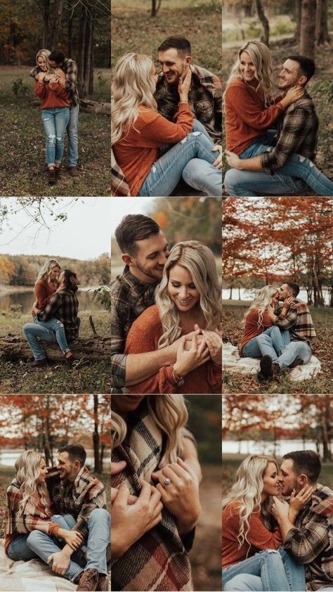 Engagement Picture Nails Fall, Fall Outdoor Couple Photoshoot, Couple Poses Fall Photos, Cute Fall Engagement Pictures, Fall Couples Pictures Outfits, Engagment Picture Outfits Fall, Fall Pictures For Couples Outfits Country, Fall Outfits For Pictures Couples, Fall Pictures For Couples Outfits Casual