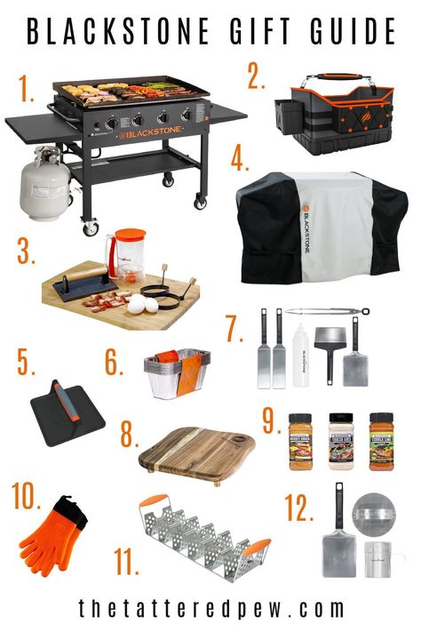 This Blackstone gift guide is everything you need for the Blackstone fan in your life! Flat Top Grill Accessories, Blackstone Deck Ideas, Blackstone Gift Ideas, Black Stone Grill Set Up, Blackstone Griddle Accessories, Blackstone Grill Hacks, Black Stone Grill Outdoor Kitchens, Black Stone Griddle Accessories, Cooking On Blackstone Grill