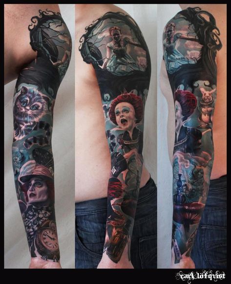 Alice in Wonderland sleeve by artist: Carl Löfqvist/ Wicked Tattoo Sweden. - Imgur Tim Burton Tattoo, Alice And Wonderland Tattoos, Tattoo Trend, Wonderland Tattoo, Wicked Tattoos, Geniale Tattoos, Sleeve Ideas, Tattoos Gallery, Great Tattoos