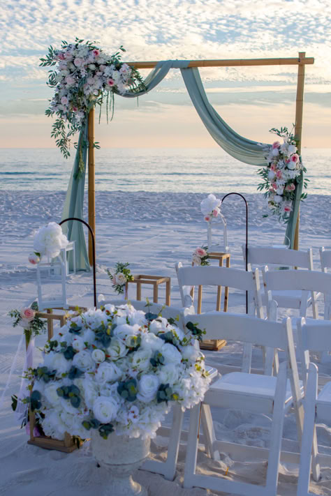 Beach Wedding Aesthetic Ideas, Dream Wedding Reception Beach, White And Blue Beach Wedding, Light Blue And White Beach Wedding, Blue Wedding On The Beach, Beach Theme Wedding Colors, Night Beach Wedding Reception, Small Intimate Beach Wedding Ideas, Old Money Beach Wedding