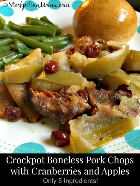 Crockpot Boneless Pork Chops with Cranberries and Apples-Apple cider instead of balsamic dressing I think. Cranberries Crockpot, Crockpot Boneless Pork Chops, Boneless Pork Chops Crock Pot, Slow Cooker Dinner Healthy, Easy Crockpot Recipes Healthy, Boneless Pork Chop Recipes, Slow Cooker Meal, Apple Pork Chops, Pork Chop Recipes Baked