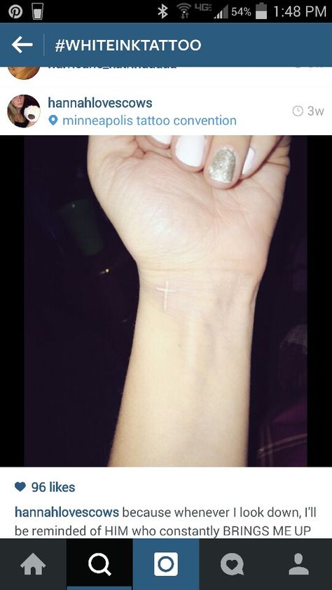 White ink cross tattoo White Cross Tattoo, White Tattoo Cross, Crosses Tattoo, Christian Cross Tattoos, Tiny Cross Tattoo, Faith Tattoos, Cross Tattoo On Wrist, Small Cross Tattoos, Piercing Transversal