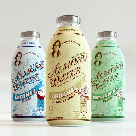 Victoria's Kitchen Almond Water on Packaging of the World - Creative Package Design Gallery Almond Water, Beautiful Packaging Design, Solar Punk, Water Packaging, Food And Beverage Industry, Cool Packaging, Beauty Finds, Almond Flavor, Artisan Food