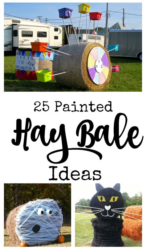 Round Hay Bale Decorating Ideas Fall, Haybale Decorating Fall, Round Hay Bale Decorating Ideas, Hay Bales Decorations, Hay Bale Halloween, Painted Hay Bale Ideas, Fall Hay Bale, Halloween Hay Bale, Hay Ride Ideas