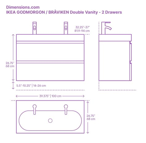 The IKEA GODMORGON / BRÅVIKEN Double Vanity (2 Drawers) embraces a clean and minimal design to be easily combined with other bathroom furniture. The double vanity has different cabinet configurations making it highly versatile. The IKEA GODMORGON / BRÅVIKEN Double Vanity was designed by Eva Lilja Lowenhielm, H Preutz, N Karlsson for IKEA. Downloads online #fixtures #bathroom #vanities #IKEA Double Sink Cabinet, Vanity Height, Bathroom Measurements, Ikea Godmorgon, House Dimensions, Bathroom Floor Plans, Architecture Drawing Plan, Clean And Minimal, Fixtures Bathroom