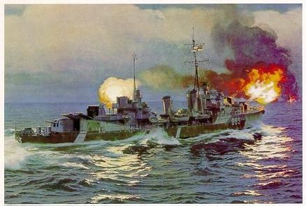 ACTION AT DAWN - HMCS HAIDA IN ACTION  Copyright HMCS HAIDA Historic Naval Ship Hms Prince Of Wales, Marine Artist, Navy Art, Ship Poster, Imperial Japanese Navy, The Great, Marine Art, Naval History, Ship Paintings