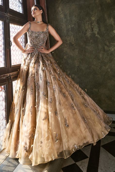 Buy Gold Organza Embroidery Sequins Asymmetric Embellished Bridal Gown For Women by Dolly J Online at Aza Fashions. Olive Gown, Dolly J, Peach Gown, Organza Bridal, Golden Gown, Detachable Cape, Modern Gown, Organza Embroidery, Gown Gold