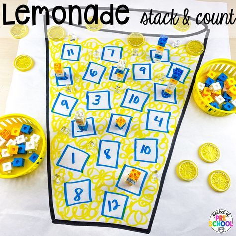 Lemonade stack & count plus more summer butcher paper activities for literacy, math, and fine motor for preschool, pre-k, and kindergarten. End Of Summer Preschool Theme, Picnic Science Activities For Preschool, Summer Literacy Activities, Paper Activities, Summer Math Activities, Pocket Of Preschool, Prek Crafts, Literacy Activities Preschool, Multisensory Activities