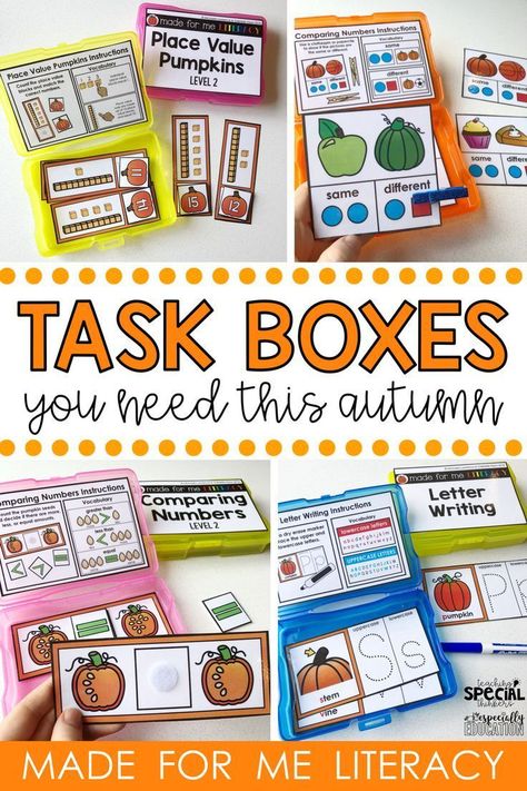 Get ready to engage your pre-k or special educations students with hands on activities they'll love! We've got loads of task boxes and other teaching resources all themed around fall! Kindergarten Special Education, Sped Classroom, Self Contained Classroom, Teaching Special Education, Busy Boxes, Writing Instruction, Life Skills Special Education, Resource Room, Task Boxes