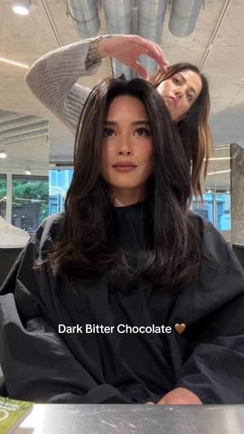 Chocolate black tea & layers 🤎 so happy with the end results! @Gevir ... | TikTok Chocolate Black Tea Hair Color, Black Hair With Brown Ends, Black Tea Hair Color, Bitter Chocolate Hair, Dark Bitter Chocolate Hair, Black Chocolate Hair, Chocolate Black Tea Hair, Chocolate Black Hair, Chocolate Short Hair