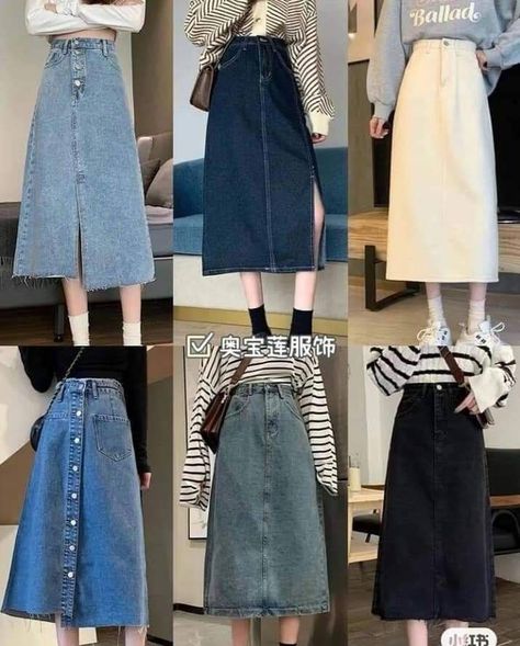 Long Denim Skirt Outfits, Skirt Outfits For Women, Fashion Dresses For Women, Long Skirt Fashion, Cheap Dresses Casual, Korean Outfit Street Styles, Best Winter Outfits, Girls Dress Outfits, Long Skirt Outfits