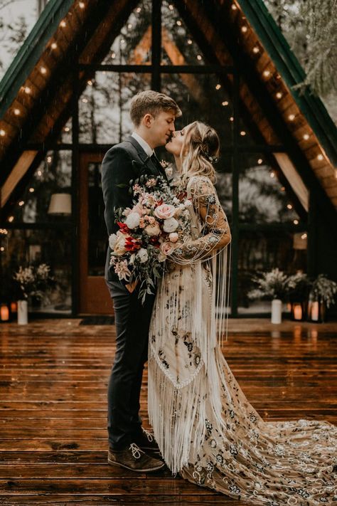 This A-Frame Cabin Elopement Inspiration is the Epitome of The PNW | Junebug Weddings Wedding Ceremony Ideas, Airbnb Wedding, Embroidered Wedding Dress, Wedding Boho, Boda Mexicana, Embroidered Wedding, Wedding Dress Trends, Elopement Inspiration, Junebug Weddings