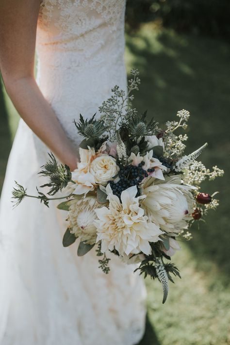 Cream Dahlia, King Protea and Thistle Bouquet Soft Bouquet, Cream Dahlia, Cost Of Wedding, Flower Couture, Thistle Bouquet, Netherlands Photography, Dahlia Wedding, Protea Wedding, Protea Bouquet