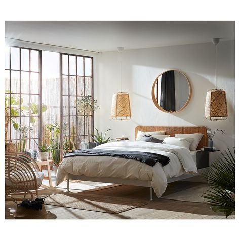 DELAKTIG Bed frame/headboard/2 side tables, aluminum, rattan - IKEA Cama Ikea, Design Ložnic, Head Boards, Feng Shui Bedroom, Ikea Catalog, Rattan Headboard, Dark Bedroom, Ikea Bed, Bright Rooms