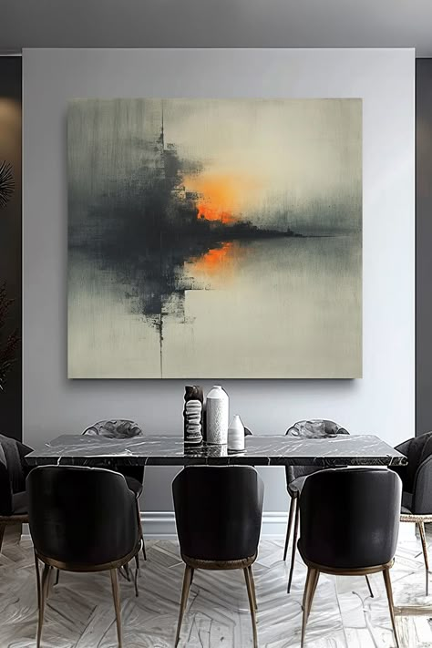 Original handmade abstract landscape painting of sunset reflection with dark silhouettes against orange sky on calm water Moody Abstract Painting, Dark Abstract Painting, Abstract Dark Art, Abstract Painting Acrylic Modern, Abstract Canvas Art Acrylics, Moody Painting, Sunset Reflection, Ideas Cuadros, Abstract Portrait Painting