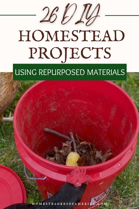 A big part of homesteading is learning to use what you have. Here is a list of 26 DIY homestead projects that utilize repurposed materials. Goat Milking Stand, Seed Starting Containers, Homestead Projects, Compost Bin Pallet, Old Bucket, Cattle Panels, Worm Composting, Chicken Feeder, Wood Storage Box