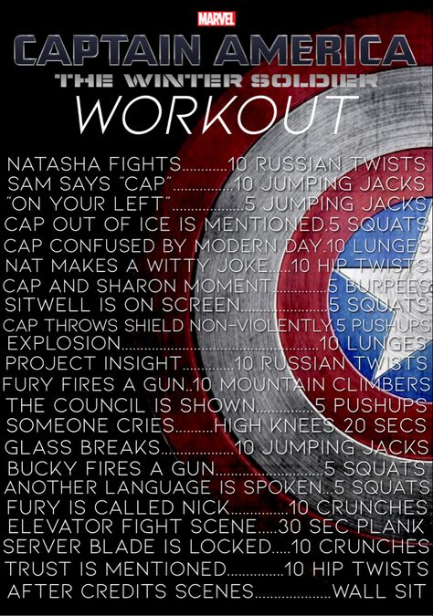 marvel movie workout captain america winter soldier exercise Marvel Movie Workout, Winter Soldier Workout, Avengers Workout, Marvel Workout, Captain America Workout, Tv Workout, Tv Show Workouts, Winter Soldier Movie, Movie Workouts