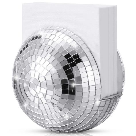 PRICES MAY VARY. Pack Include: you will get 1 disco ball napkin holders feature a classic disco ball design with mirror wrapped around the sphere; These mirrors reflects a bright and blinding light that creates a festive and lively atmosphere at your party; When sunlight or party lights hit these napkin holders, they produce a cool and dazzling light show Quality Material: the mirror disco ball napkin dispenser is handcrafted out of foam on the inside and a reflective glass exterior that produce Disco Ball Decorations, Disco Ball Decor, Mirror Disco Ball, Studio 54 Party, Serviette Holder, Napkin Storage, Disco Party Decorations, Decoration For Wedding, Tissue Dispenser