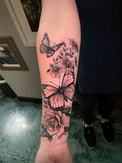 In Memory Butterfly Tattoo, Butterfly In Memory Tattoo, Sun And Butterfly Tattoo, Grandparent Memorial Tattoo, Tattoos For Lost Loved Ones, Butterfly Sleeve Tattoo, Black And Grey Realism, Cute Matching Tattoos, Heaven Tattoos