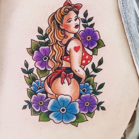 Chubby Pinup Tattoo, Thick Pinup Tattoo, Plus Size Pinup Tattoo, Curvy Pinup Tattoo, Pinup Tattoos, Tattoo Artist Tips, Cowgirl Pinup, Pinup Tattoo, Pin Up Girl Tattoo