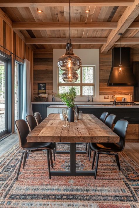 "🌲🍽️ Elevate your dining experience with Modern Rustic decor! Explore how sleek lines meet cozy, natural elements to create a warm and inviting space. Perfect for memorable meals and gatherings. 🪵✨ #ModernRustic #DiningRoomDecor #HomeInspiration" Modern Cabin Dining Room, Manly Dining Room, Mountain Home Dining Room, Modern Rustic Dining Room, Lodge Dining Room, Cabin Dining Room, France House, Dining Room Decor Rustic, Valley Cottage