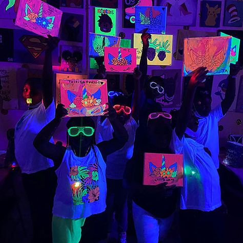 Treat your child to an exciting day of color, creativity, and glow in the dark fun with this private painting party!   During this unique 3-hour party, each child will be provided with a pre-sketched canvas. Their faces will light up as their professional instructor provides them with special glow in the dark paints that magically illuminate under the studio’s black lights. Then, it’s time to let their imaginations run free! No two pieces will be exactly the same, and you can be certain that eac Glow In The Dark Artwork, Glow In The Dark Paint Party, Neon Kids Party, Glow In The Dark Kids Party, Glow Paintings Canvas, Glow In The Dark Birthday Party, Glow In Dark Painting, Glow In The Dark Painting Ideas, Glow Paint Party