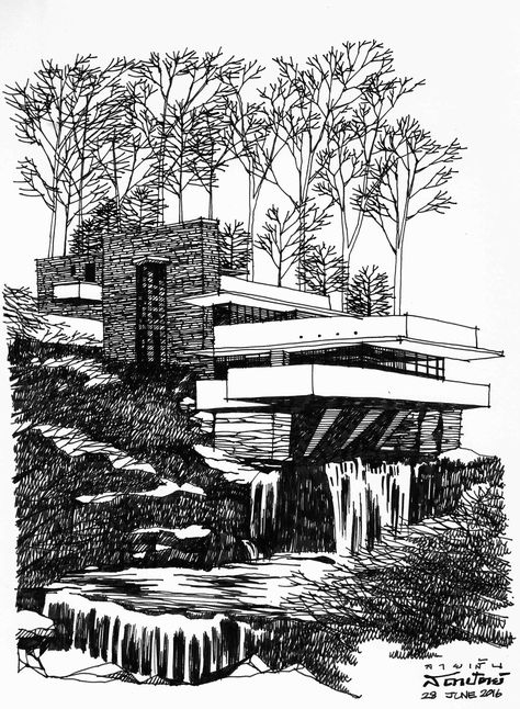 Falling water house sketch Falling Water Sketch, Falling Water Architecture, Fallingwater House, House Design Drawing, Falling Water House, Waterfall House, Water Architecture, Falling Water, Famous Architecture