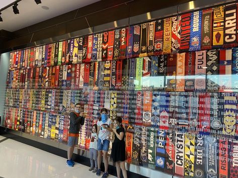 Football Scarf Display, Soccer Scarf Display, Adventures With Kids, Football Displays, Soccer Room, Soccer Decor, Soccer Scarf, Scarf Display, Sport Bar