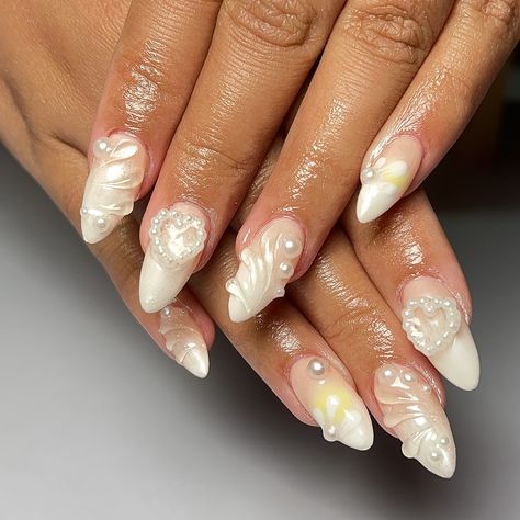 gel x + complex art | chrome 3d pearly ish dm for bookings and custom press ons 💌 #gelx #gelnails #gelextensions #gelnailart #nailart #nails #sydneynails #sydneynailtech #sydneynailart #westernsydneynails #beginnernailtech #auranails #nailsnailsnails #y2knails #frenchtipnails #nailartist #handpaintednails #apres #chromenails #silvernails #pinknails #cutenails #princessnails #coquette #pearlnails #3dnails White Swan Nails, Mermaid Nails With Pearls, Swan Lake Nails, Mermaid Nails Pearls, 3d Shell Nails, Swan Nails, Pearly Nails, Complex Art, Gel Extensions