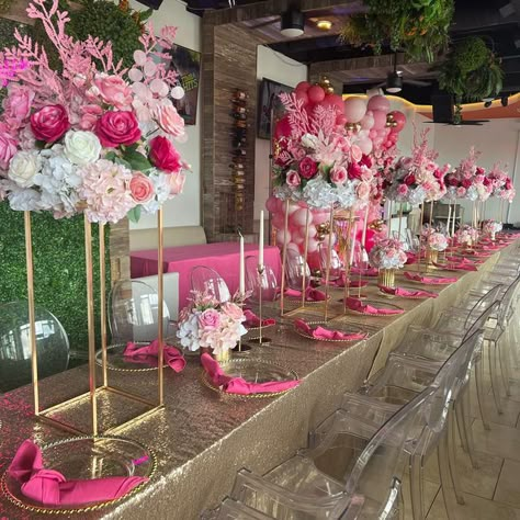 Nicole Creations Houston on Instagram: "Table setting for 40 guest All shades of pink 💗 #eventdecor #houston #balloongarland #partystyling #houstonbackdrops #21stbirthday #pink" Blooming Into 30 Party, Pink And Gold Dinner Party, Pink Backyard Party, Shades Of Pink Party, Sweet Table Decorations, Pink Birthday Theme, Pink Birthday Party Decorations, All Shades Of Pink, Birthday Setup