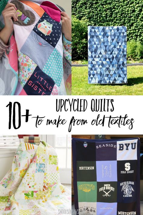 How to make a quilt from old clothes - 10+ idea with DIY tutorials so you can make your own diy quilt from old clothes! This is a curated roundup of upcycled quilt ideas; make something beautiful and new from old textiles. #quilting #upcycle Quilt From Old Clothes, Upcycled Quilt, Beginner Sewing Projects, Reuse Old Clothes, Baby Clothes Quilt, Old Sweatshirt, Make A Quilt, Tshirt Quilt, Beginner Sewing