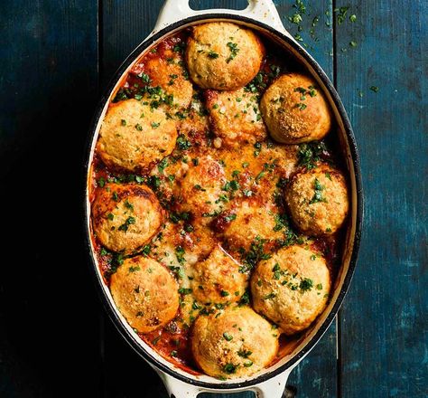 Chicken arrabbiata stew & parmesan dumplings Parmesan Dumplings, Stew And Dumplings, Fresh Olives, Dumplings Recipe, Ras El Hanout, Bbc Good Food, Midweek Meals, Video Recipes, Bbc Good Food Recipes